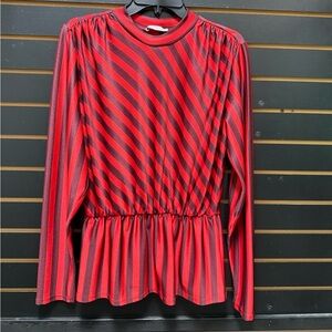 Zara Trafaluc Red & Burgundy Striped Long Sleeve Peplum Top | Size S/S18